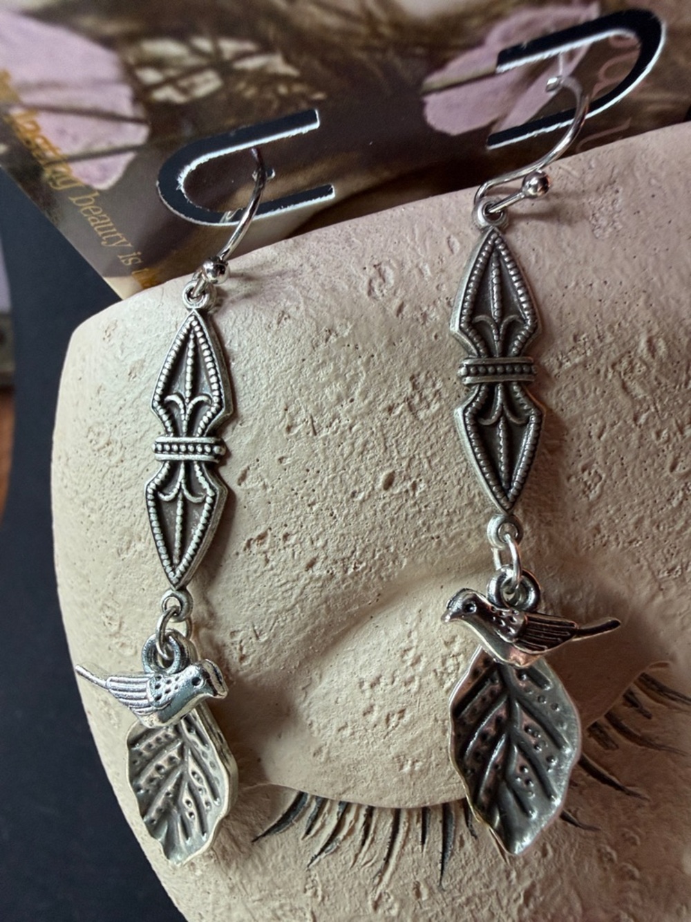 Silver Bird & Leaf Drop Earrings - Silver